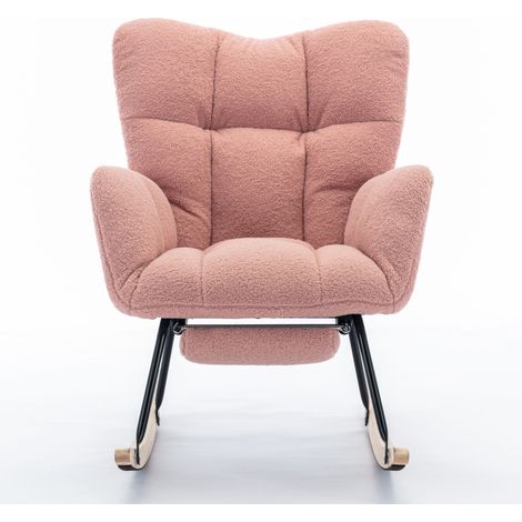 Fauteuil à Bascule - 1 Place - Teddy - Repose-Pieds Inclus & Accoudoirs & Cadre Métal & Cadre Bois - 80 x 98 x 98.5 cm - Rose (1/5)