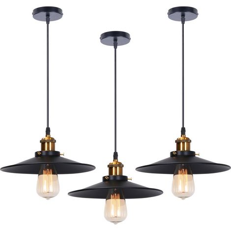 3PCS Rétro Lustre Suspension Industrielle 26cm Plaofnnier Fer Abat-jour en Métal Noir (1/5)