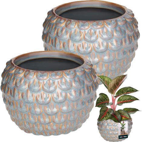 KOTARBAU® 2 Stück Künstlerischer Blumentopf 17 cm Grauer Deckel Vintage Keramik, handgefertigter Topf für Blumen und Kräuter