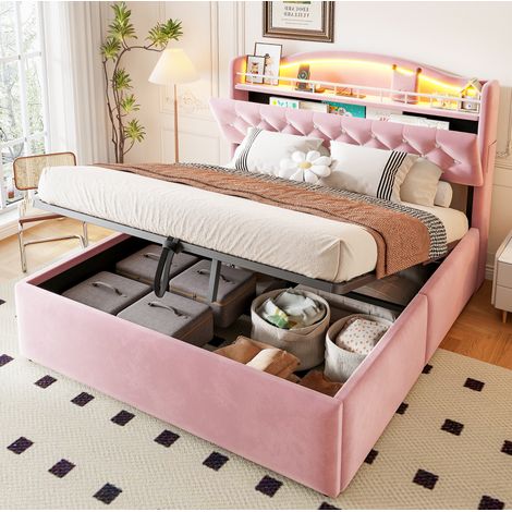 Cama abatible 140x200 de terciopelo rosa con LED, USB/USB-C y almacenaje en cabecero DESVIAE (1/5)