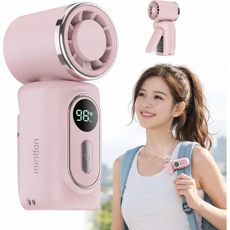 Portable handheld fan with clip, 5-speed high-speed airflow, LED display, rechargeable, for makeup, travel, indoor & outdoor use(Pink)