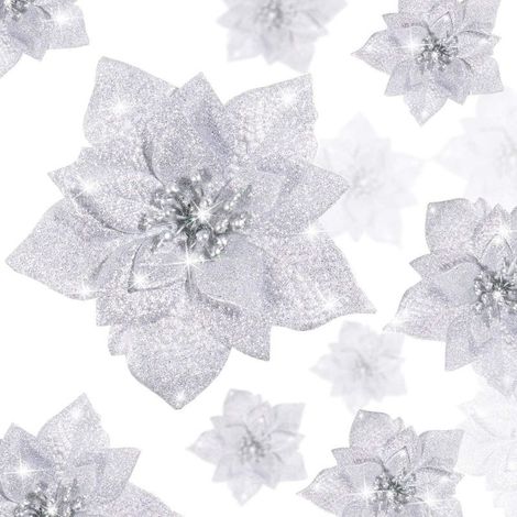 Silver Glitter Poinsettia Artificial Flower Garland — 36 Pieces for Christmas, Wedding and New Year Decorations (1/5)
