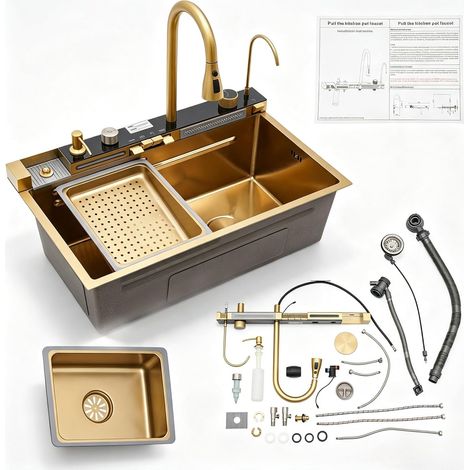 HAUTOUR Évier de cuisine cascade 75x46 cm Digital, en acier inoxydaël doré avec touches piano, écran LED et robinet extractible, évier multifonctionnel avec lave-gobelet et distributeur de savon (1/5)