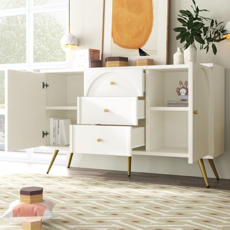DESMIU Commode 2 portes et 3 tiroirs avec étagère réglable, structure de rangement, pour chambre et salon, crème blanc (1/5)