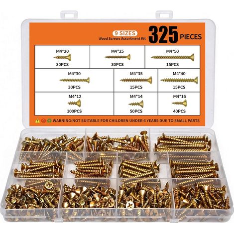 Kit de 325 Vis à Bois et Vis pour Panneaux de Particules, Tête Fraisée Cruciforme Phillips, Acier Carbone Zingué Jaune, Assortiment 9 Tailles pour MDF, Aggloméré, Bois et Panneaux, Coffret de Visserie (1/3)