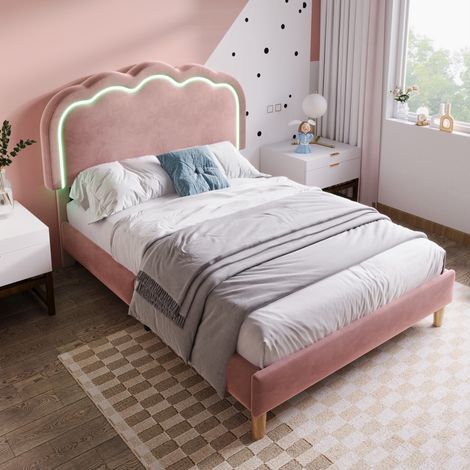 Lit adulte 90x190 LED, tête réglable, velours rose HAVRYA (1/5)