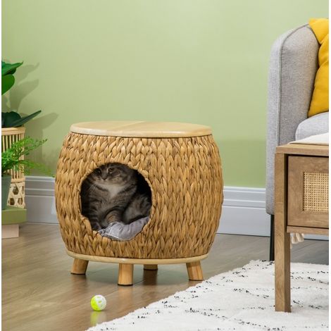 Niche pour chat 44x43x42 cm en jacinthe d'eau et bois brun clair coussin lavable stable – MEUBLIV (1/5)
