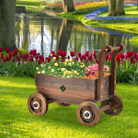 Brouette en Bois Décorative avec Roues Poignées Trou de Drainage Support de Pot de Fleurs Roulant Rustique Jardin Balcon Marron (1/3)
