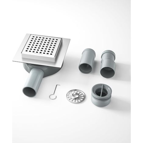 Caniveau de douche carré en acier inoxydable, 10 x 10 cm, avec siphon à 360° et filtre à cheveux, 2 adaptateurs de vidange DN50 DN40, caniveau d'écoulement plat, argenté (1/5)