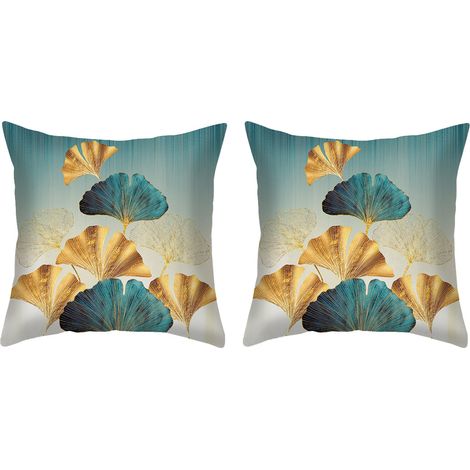 Housse de coussin décorative courte en peluche verte et dorée à motif feuille de ginkgo (1/5)