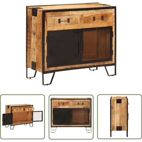 The Living Store Buffet 80x31x66 cm bois de manguier brut massif et métal - Buffet - Meuble De Rangement - Commode - Armoire - Mobilier (1/5)