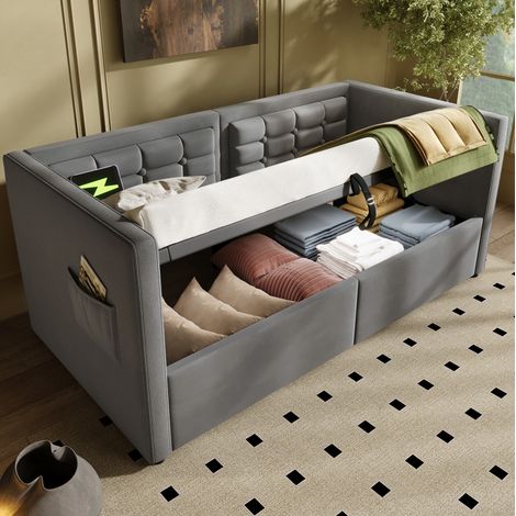 CHICFURN Sofá cama 90x190 cm de terciopelo gris con almacenaje, USB y Type-C, sin colchón (1/5)