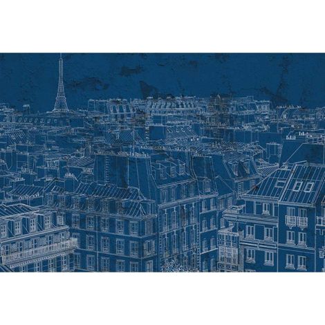 Papier peint panoramique Paris bleu & blanc Tapisserie panoramique moderne toits de Paris Papier peint panoramique tour Eiffel imitation béton (1/3)