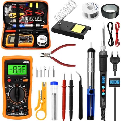 Fer à Souder Kit, 60W Kit de Soudure, Temperature Réglable de 200-450℃, Multimètre, 5PCS Conseils de soudage, Fer a souder etain, Fil de Soudure, Pincettes, Dénudeur de Fil, Support (1/4)