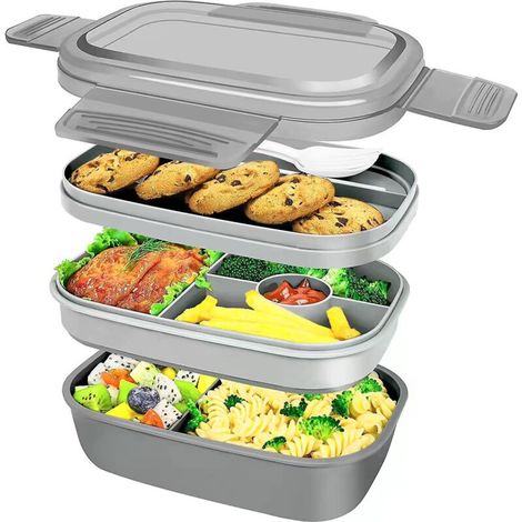 Boîte à lunch Bento grise sans BPA avec 7 compartiments, pots à sauce, fourchette et cuillère - Idéale pour les pique-niques et les repas des enfants et des adultes (1/5)