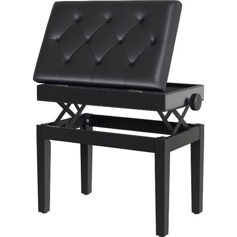 Tabouret de piano noir réglable en hauteur avec rangement, assise en simili cuir et pieds bois. Charge 200 kg, 54,5×33×48-58 cm pour salle de musique (1/5)