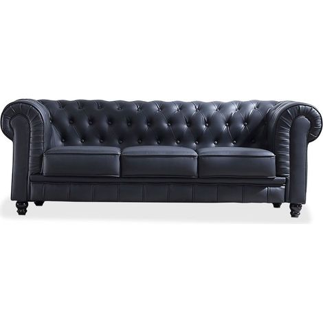 Sofá Chester 3 plazas símil piel Negro 211cm (ancho) x 75cm (alto) (1/5)