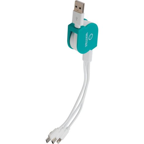 Câble USB rétractable 100cm - Lightning, Micro-USB et Type-C universel - turquoise - Watt and Co (1/3)