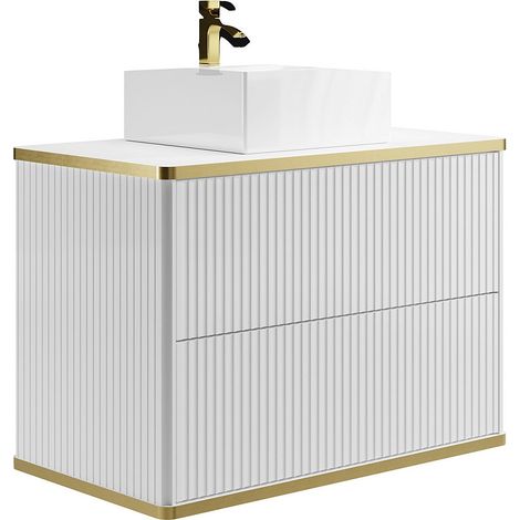 Mobile per bagno sospeso con scanalature con profilo Dorato e lavabo da appoggio Bianco 80 cm - KELIZA