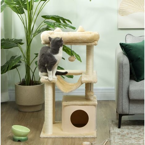 Albero per gatti 48 x 48 x 90 cm con amaca, cuccia, cesta e gioco, crema OKMYHOME (1/5)