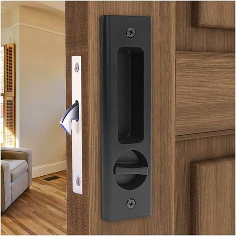 Verrou de porte coulissante avec bouton tournant pour porte intérieure en bois, 160 mm, poignée de porte encastrée invisible (noir) (1/5)