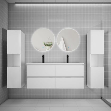 Ensemble meuble blanc et vasque L.120cm 4 tiroirs + colonne2 haut + lavabo + miroir 60x60cm2-suspendu