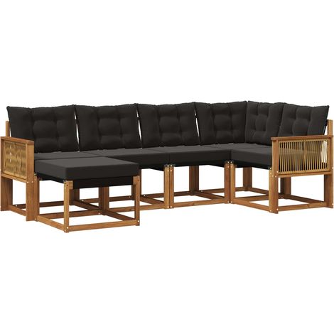 Set di divani da esterno con cuscino 6 pz Salotto da Giardino Naturale e Nero (1/5)