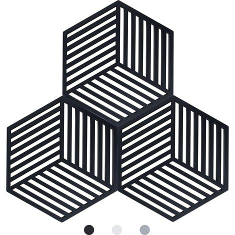 Lot de 3 Dessous de Plats Kitchen Pot Coaster de Protection en Silicone (Noir, Raya Hexagonal: 160x138x8mm) (1/5)
