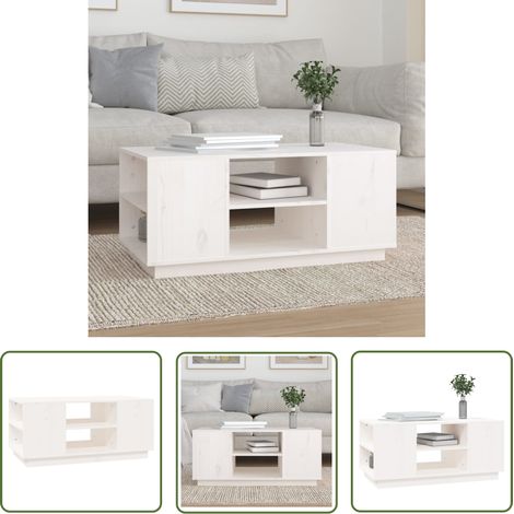The Living Store Table basse Blanc 90x49x40,5 cm Bois massif de pin - Table Basse Blanche - Meuble Salle Séjour - Table D'appoint - Design Scandinave - Bois Massif (1/5)