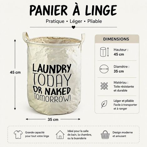 Panier à Linge Pliable Moyen en Tissu Durable, Motif LAUNDRY, avec Grandes Poignées, 35 x 45 x 35 cm, pour Buanderie et Salle de Bains (1/4)