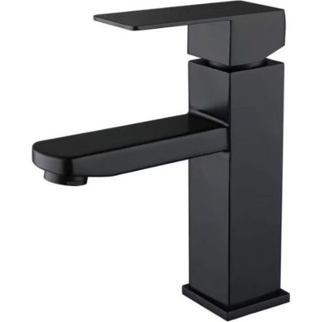 Robinet de lavabo de salle de bain eau chaude et froide peinture noir acier inoxydable carré monotrou (1/5)