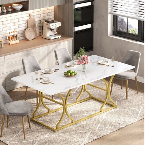 Mesa de comedor MDF blanco y dorado efecto mármol 200x80x76 cm para 8-10 personas (1/5)