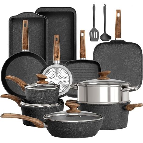 Ensemble Casserole et Poele Induction Antiadhésif Batterie de Cuisine Poele a Crepe Pancakes Couvercles Verre (1/4)
