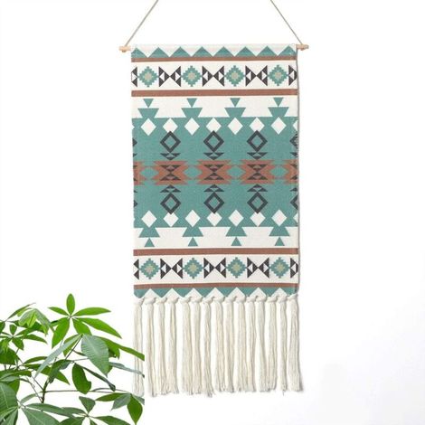 Décoration murale bohème en macramé, faite main, avec pompon en coton, franges et tringle en cuivre, idéale pour une chambre d'enfant (Ms-Litaowan-Star). (1/5)