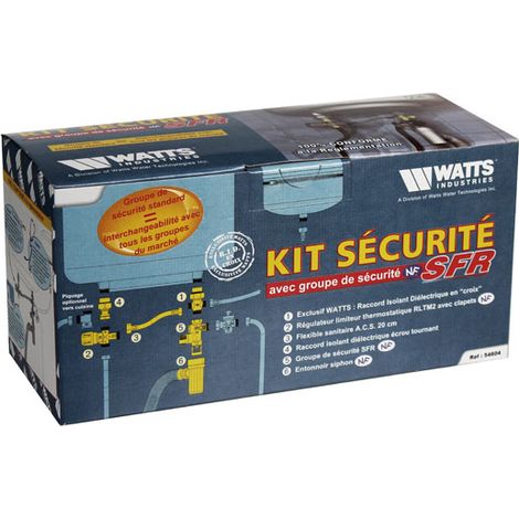 Watts – Kit sécurité NF SFR avec groupe de sécurité 3/4” – Raccord diélectrique inclus – Compatible chauffe-eaux jusqu'à 10 kW