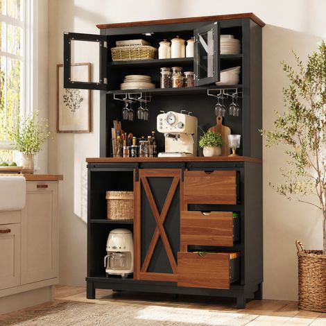 MEUBLIV Buffet haut de cuisine noir avec LED, porte coulissante, 3 tiroirs (1/5)