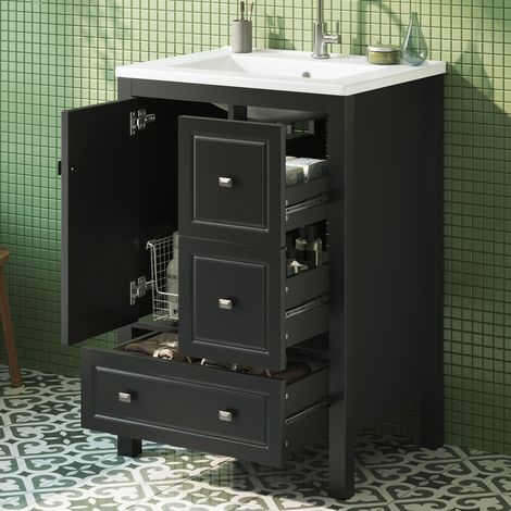 Meuble lavabo salle de bain pied central 62x47x90 cm, cuvette céramique imperméable, finition laquée intégrale, 3 tiroirs + 1 porte spacieux, coulisses douces, charnières amorties (1/5)