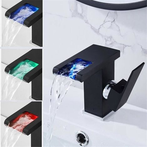 Rubinetto per lavabo TuseRxln nero a cascata con LED - Rubinetto per bagno - Miscelatore per lavabo nero cromato a basso profilo - Rubinetto vintage