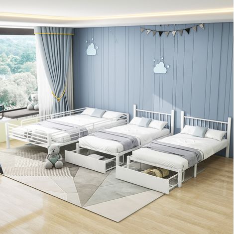 Lit superpose triple moderne 140x200/90x200 cm en metal blanc avec 2 tiroirs, separable en 3 lits, garde-corps de securite (1/5)