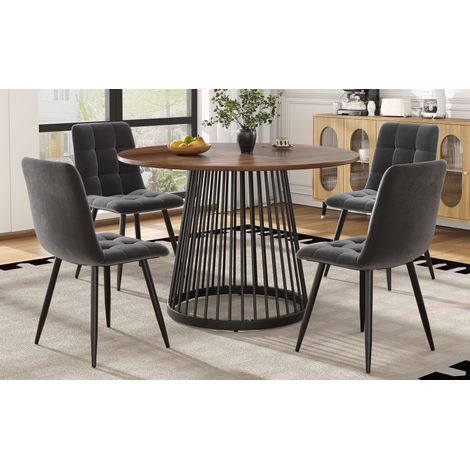 Table ronde 80 cm avec 4 fauteuils velours, lot 5 pièces salle à manger moderne, table de cuisine en MDF noyer, pieds métal noir