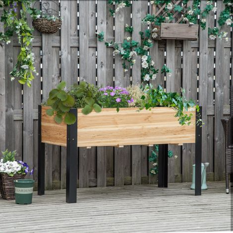 Carré potager surélevé en bois massif et acier – Dimensions 120 x 60 x 74 cm, naturel et noir – Pour jardin et balcon, robuste et design (1/5)