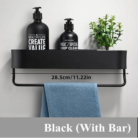 Étagère murale noire de 30 cm avec panier de douche, porte-serviettes et accessoires de salle de bain. (1/5)