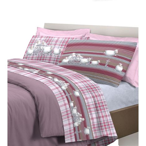 Completo letto set lenzuola 100% cotone di flanella linea pecorelle Singolo - Rosa