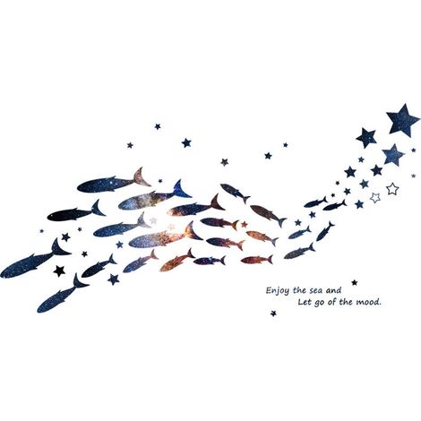 Sticker mural romantique ciel étoilé, océan et poissons (Dimensions : 120 cm x 61 cm) (1/5)