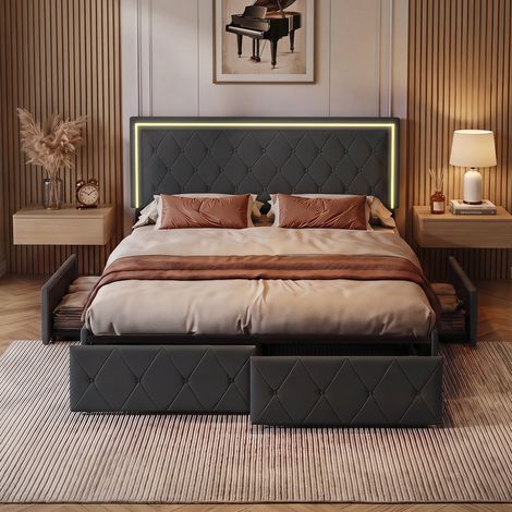 JOOKGBD-Polsterbett 160x200 cm mit LED,Doppelbett mit 4 Schubladen,bett mit Stauraum und Lattenrost,Jugendbett Rückenlehne Bettgestell,Ohne Matratze,PU,Grau