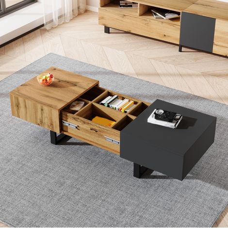 Table basse coulissante 155x55x40 cm naturel en panneau de particules avec rangement et design moderne (1/5)