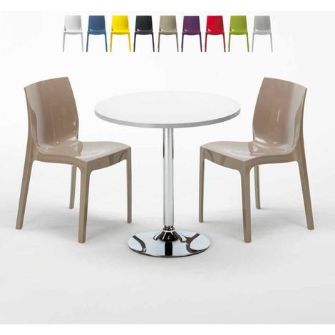 Table Ronde Blanche 70x70cm Avec 2 Chaises Colorées Grand Soleil Set Intérieur Bar Café Ice Long Island - Beige (1/5)