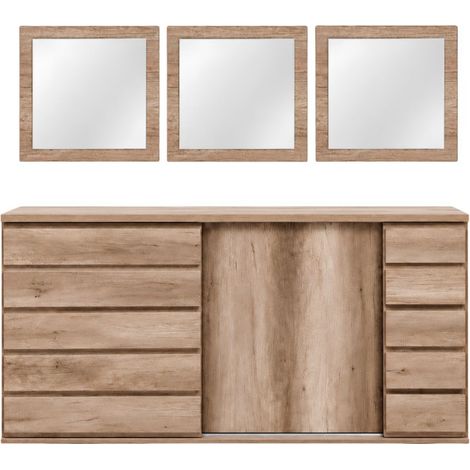 Ensemble ROMI chêne Dab Canyon – Buffet 160 cm à 2 portes coulissantes et 3 miroirs 60x60 cm (1/5)