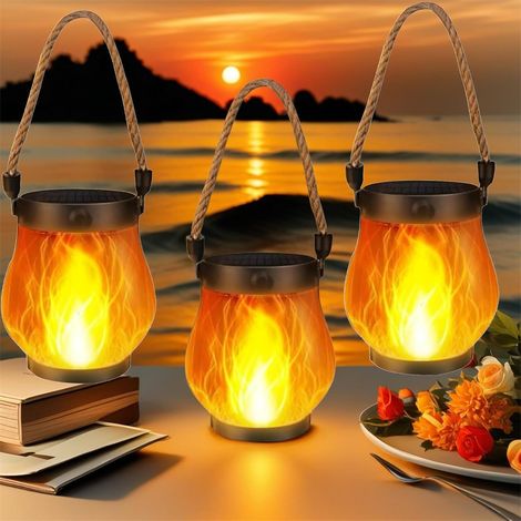 Lot de 3 lanternes solaires d'extérieur, rechargeables par USB et alimentées par l'énergie solaire, double mode, idéales pour le camping, les sentiers (1/5)