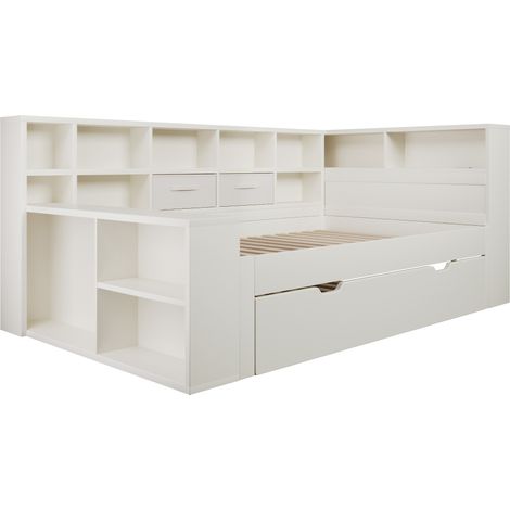 DESVIAE Lit simple 90 x 200 blanc avec lit gigogne rangement sur trois côtés ports USB et USB C intégré bois Mano Mano (1/5)